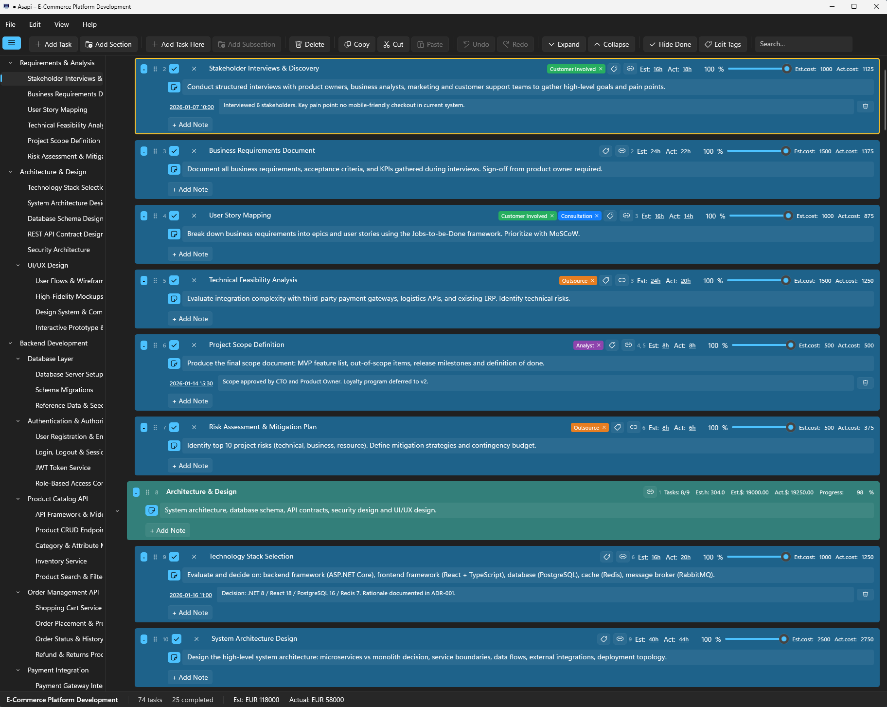 Asapi project view with expanded task tree